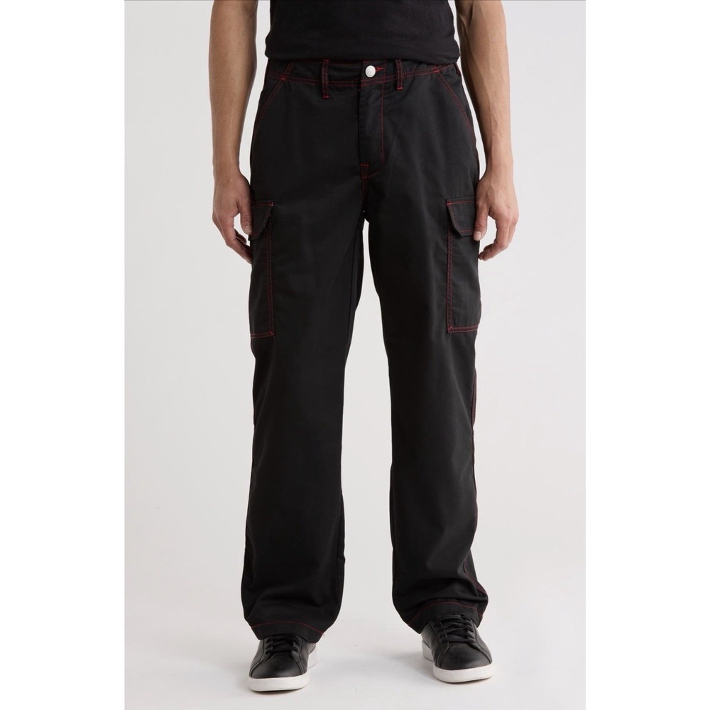 True Religion Mens 32 Black Cargo Pants Red Stitch Wide Leg Y2K Streetwear NWT